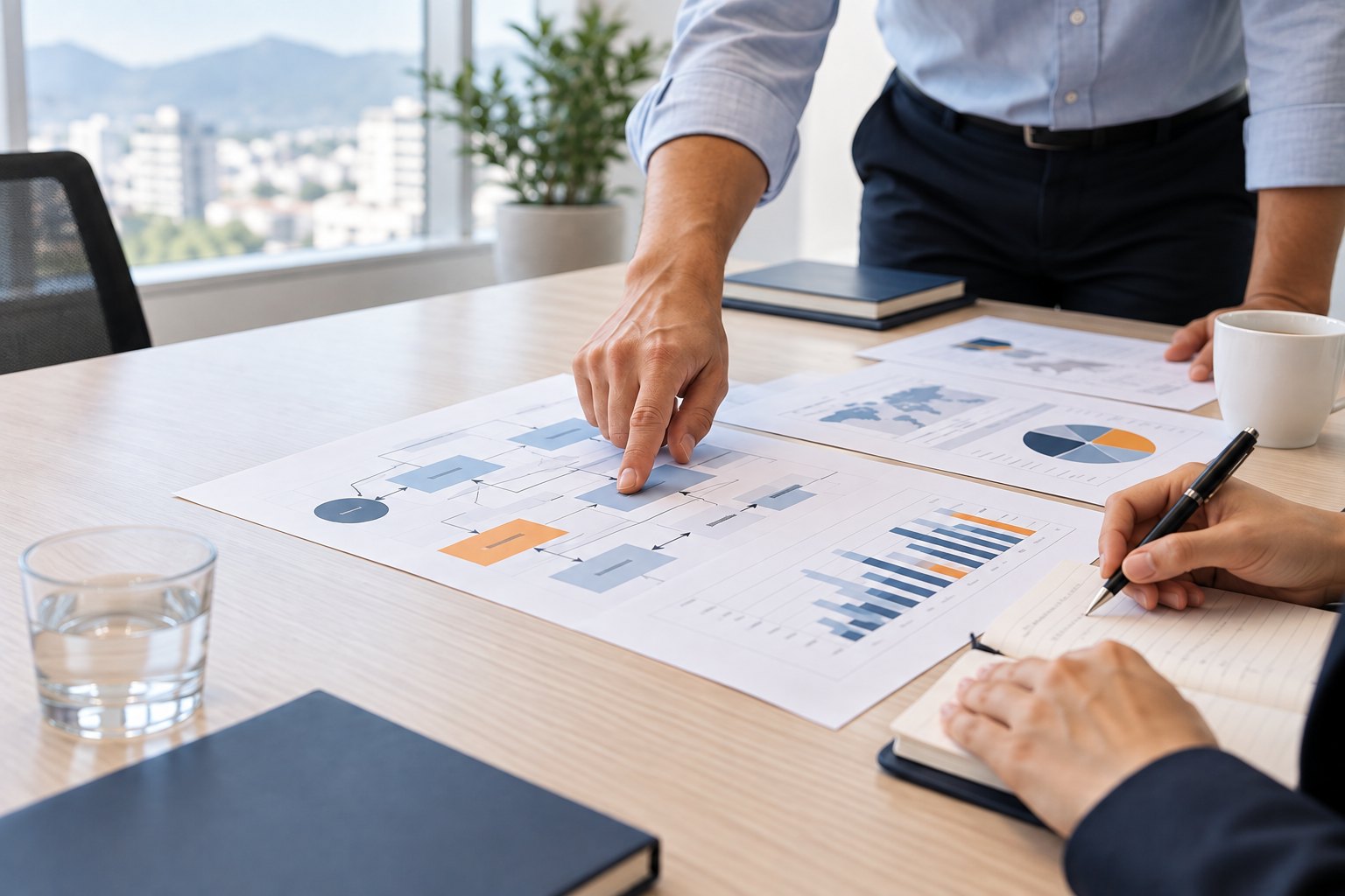 Consultores revisan un mapa de procesos y resultados en una mesa de trabajo.